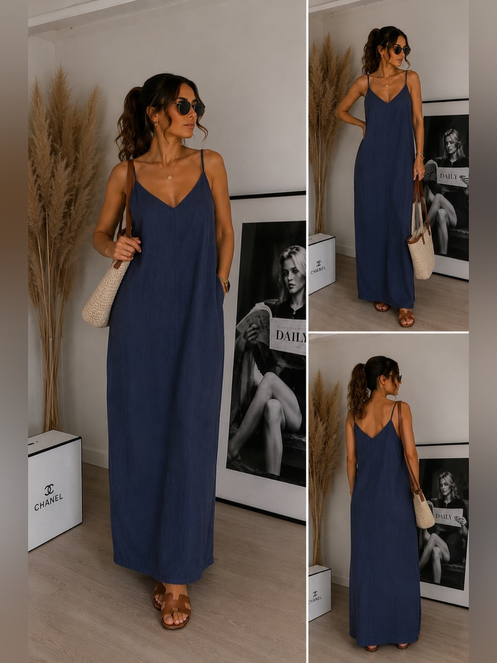 Navy V-Neck Slip Dress with Adjustable Spaghetti Straps/  Original linen 🔥